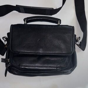 EAST WEST BRAND BLACK LEATHER MINI MESSENGER BAG/WALLET/TRAVEL BAG TOP HANDLE
